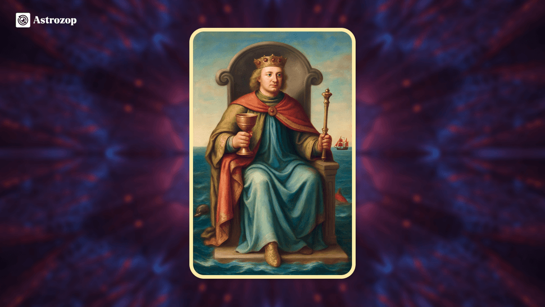 King of Cups tarot card showing a calm king seated on a throne surrounded by water