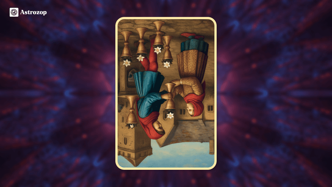 Reversed Six of Cups tarot card showing two children with cups of flowers upside down
