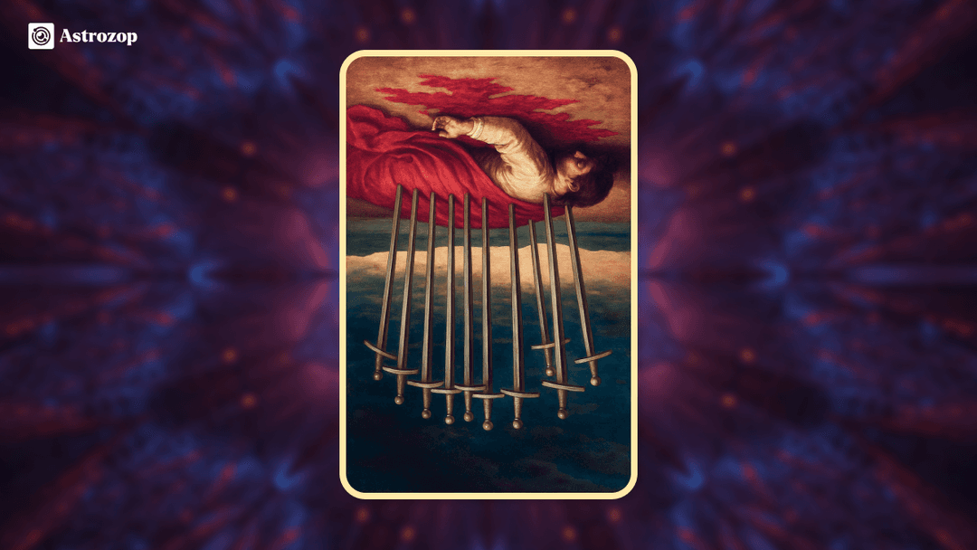 Reversed Ten of Swords tarot card showing a figure with swords falling away from their back