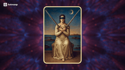 Two of Swords tarot card showing a blindfolded figure holding two crossed swords